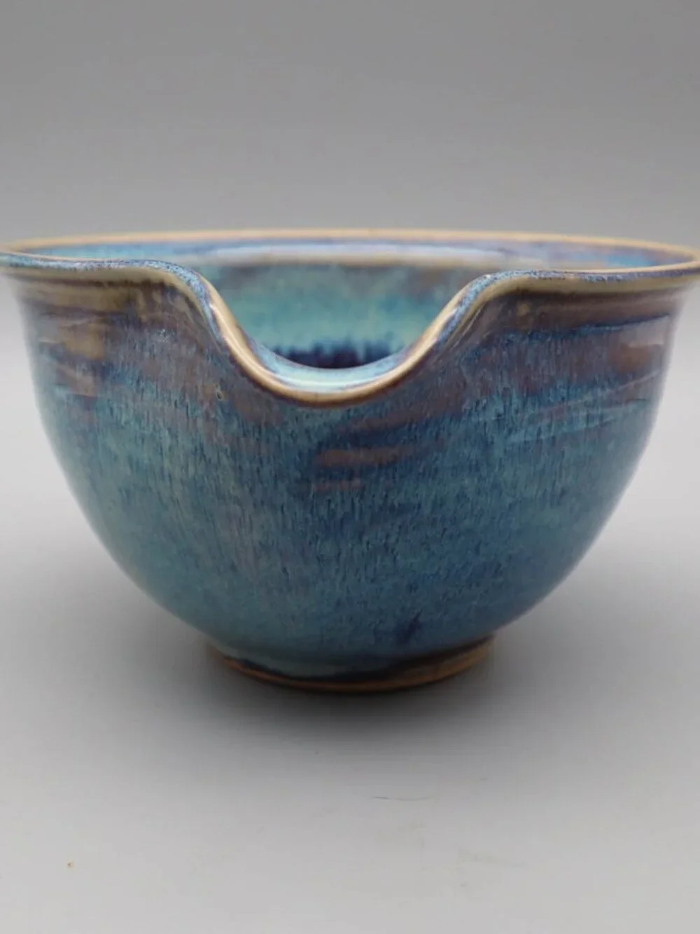 Small Studio Art Pottery Mixing Batter Bowl w/ Spout Blue Drip Glaze Signed AD